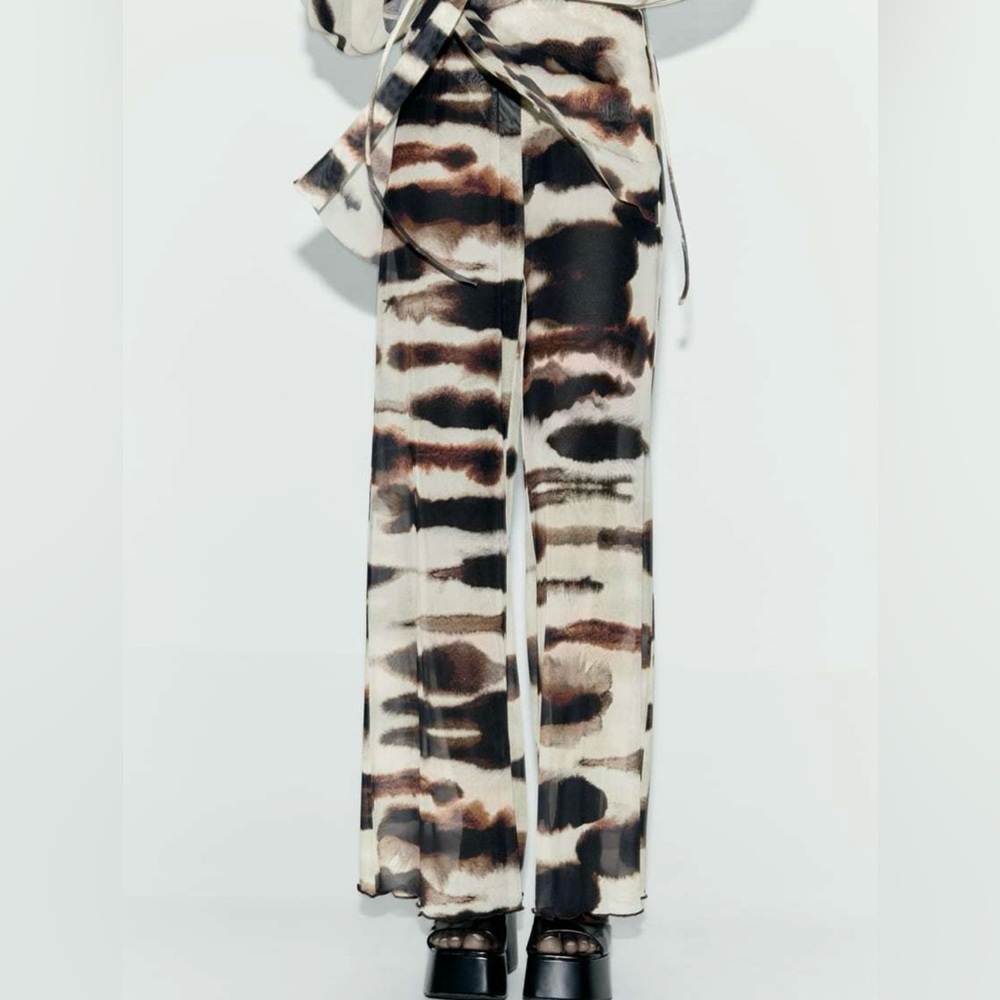 Zara High Waisted Tie Dye Tulle Print Mesh Straight Leg Pants Sz L - Picture 8 of 10